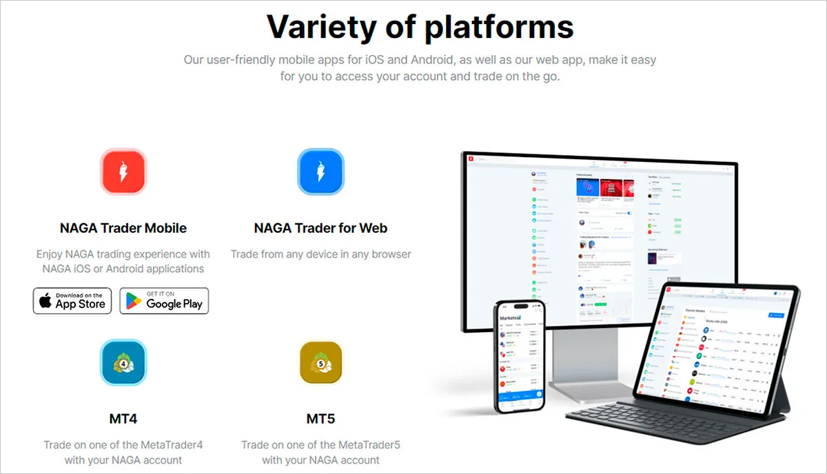 Naga supports trading on both mobile and web platforms