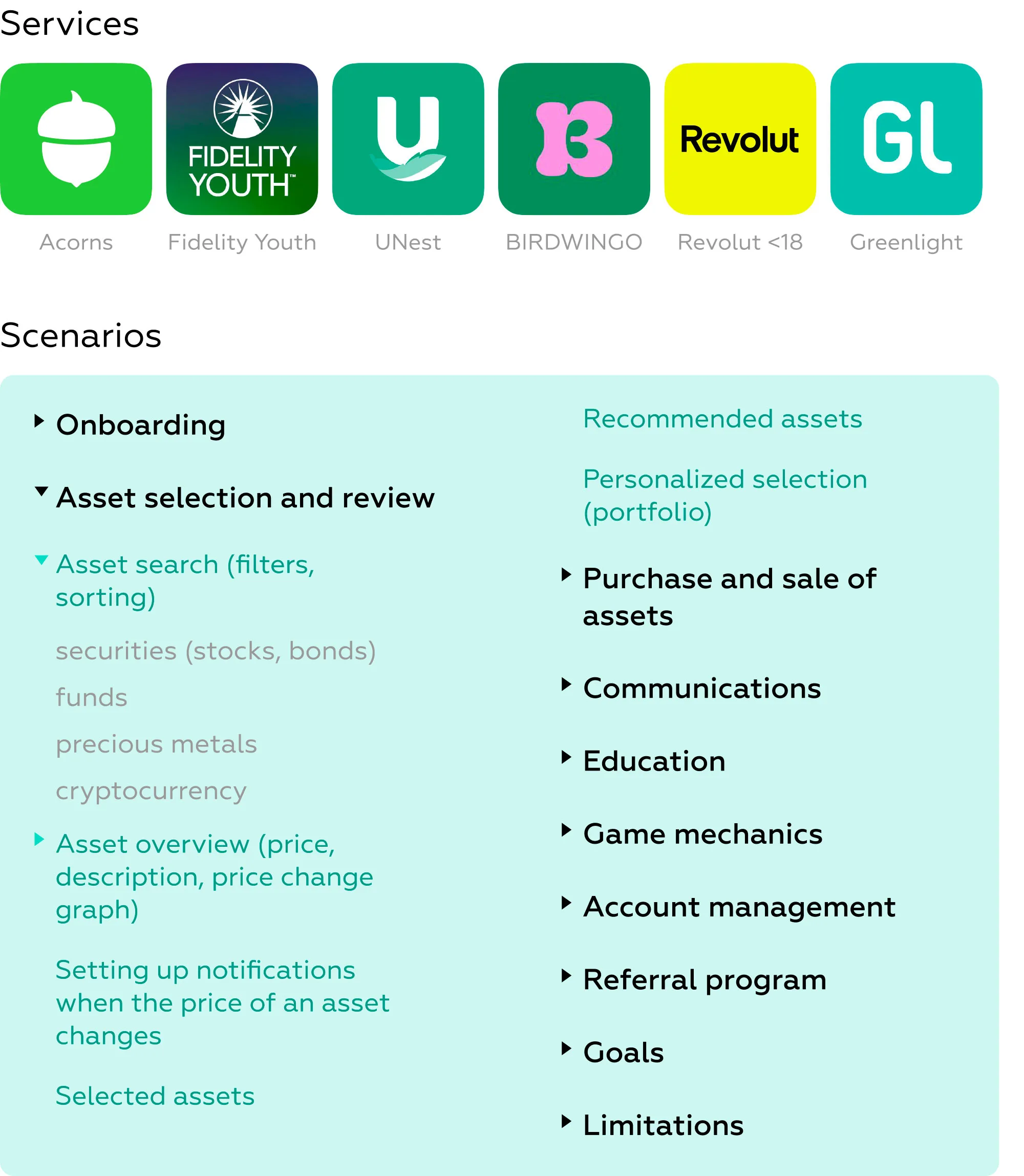 six services across ten scenarios of investment app for teens