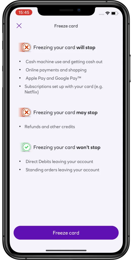 NatWest app, clients are informed about which transactions will be blocked