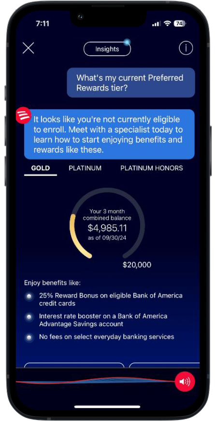 Bank of America banking chatbot in banking app
